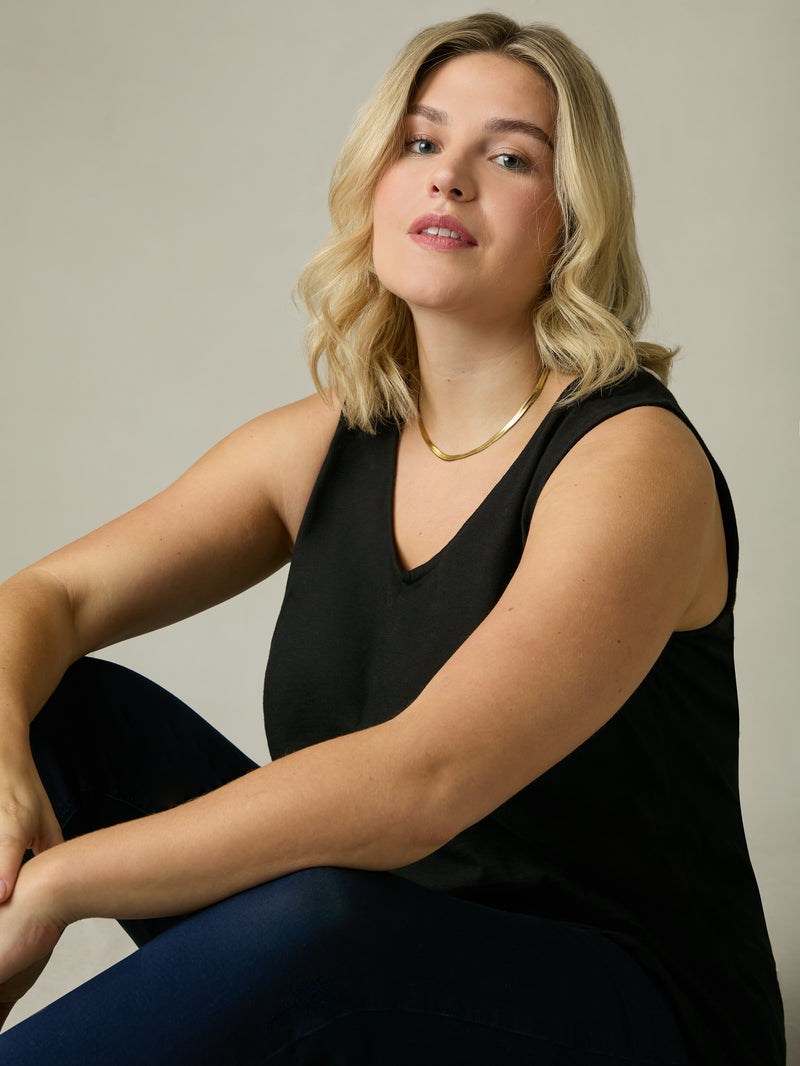 Black Cotton Slub V-Neck Vest