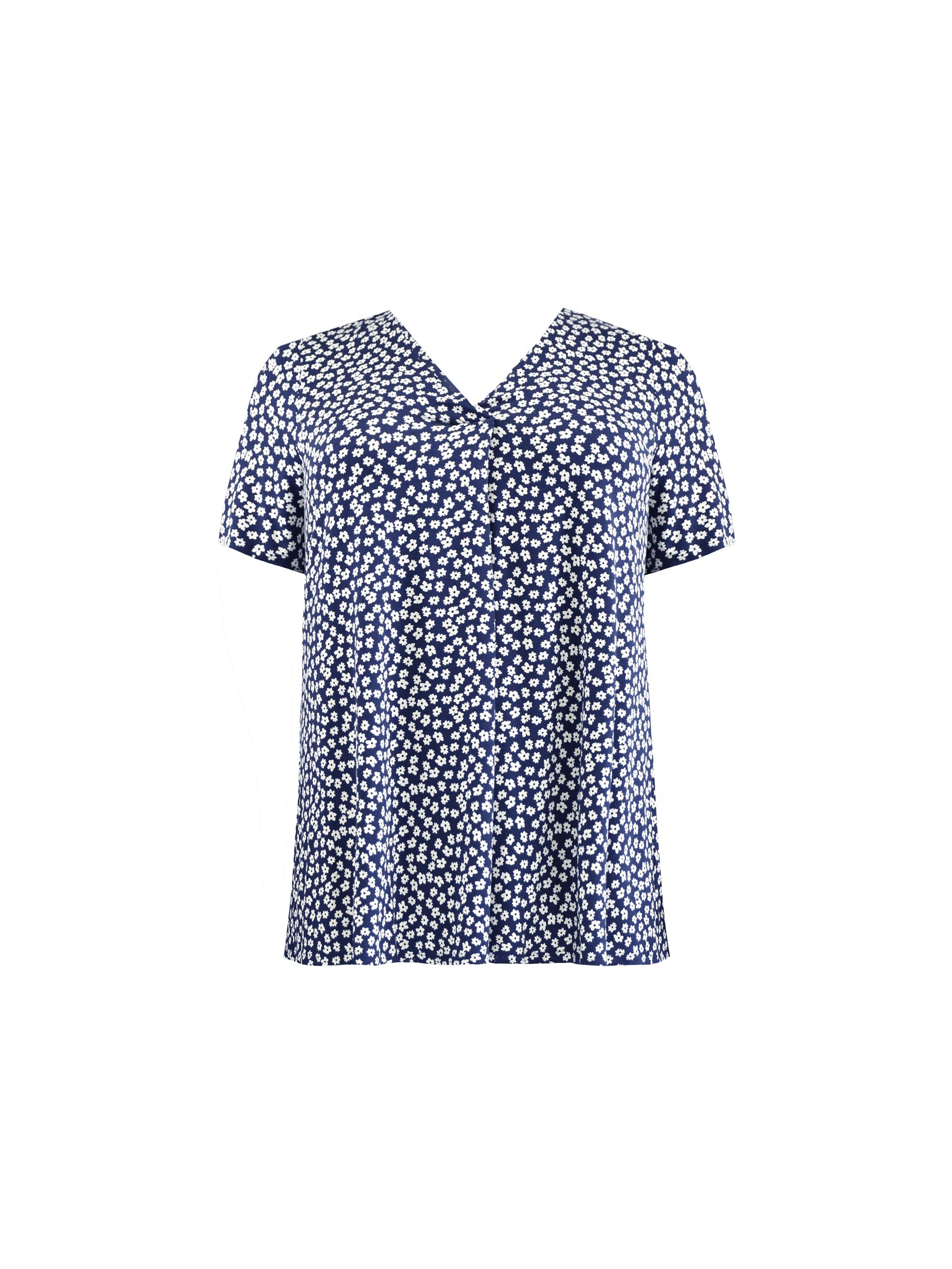 Navy Ditsy Print Jersey Pleat Front Top