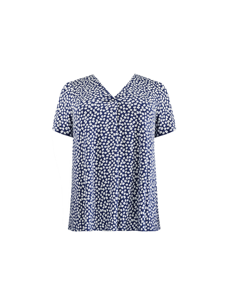 Navy Ditsy Print Jersey Pleat Front Top