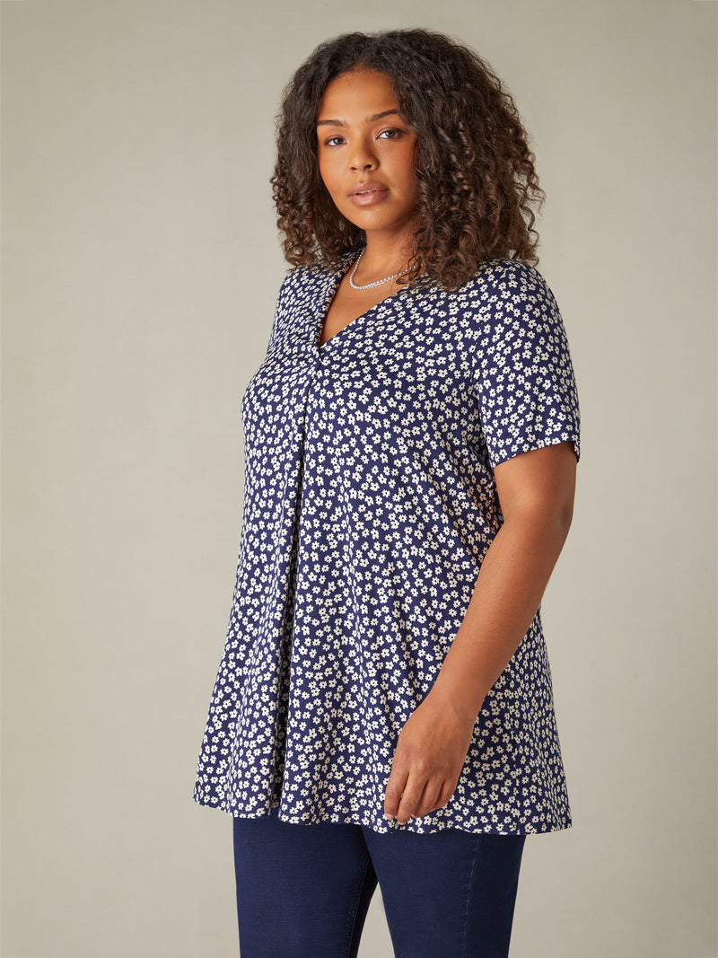 Model wears Navy Ditsy Print Jersey Pleat Front Top