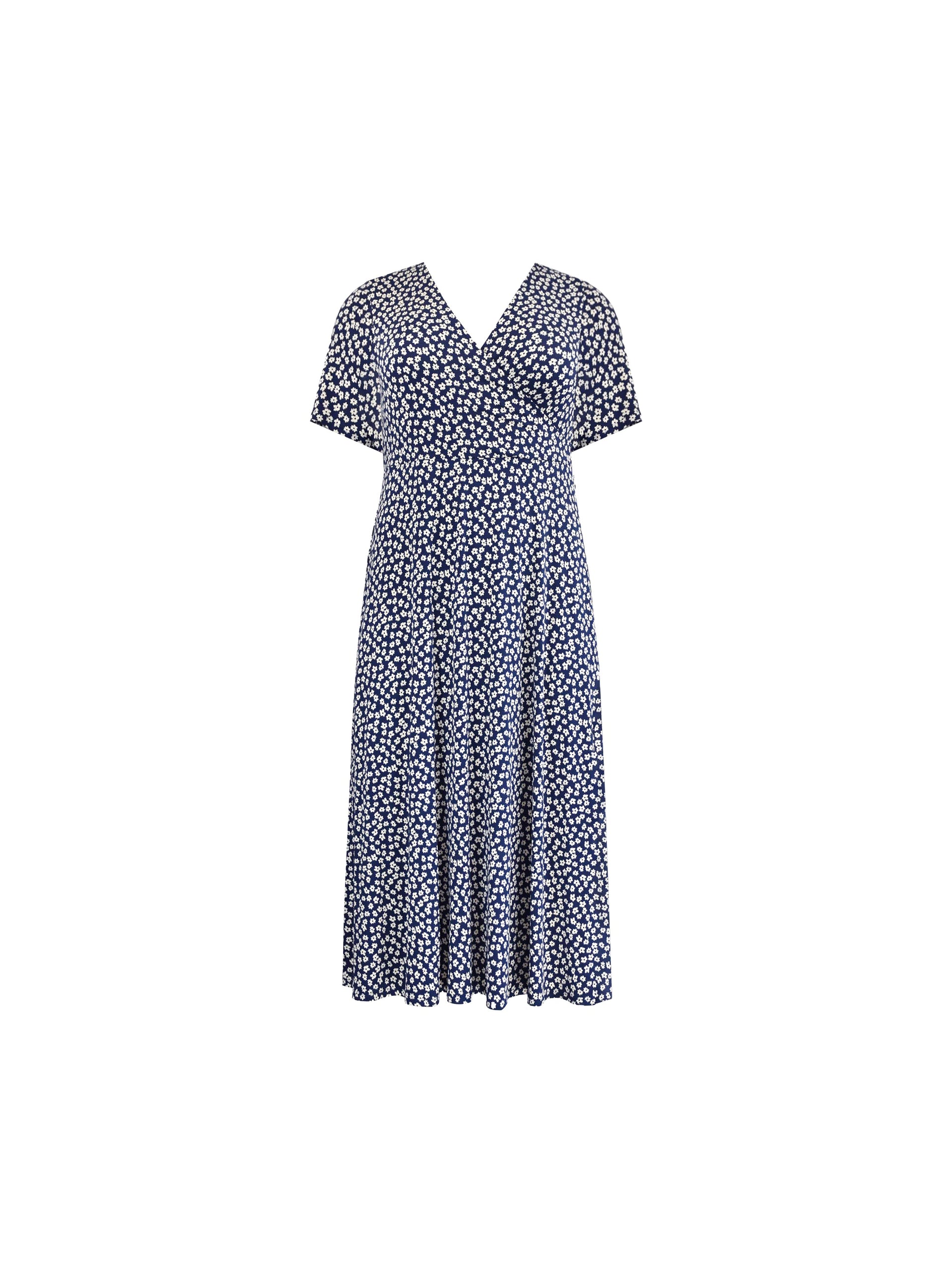 Ditsy Long Sleeve Shirred Midi Dress Navy
