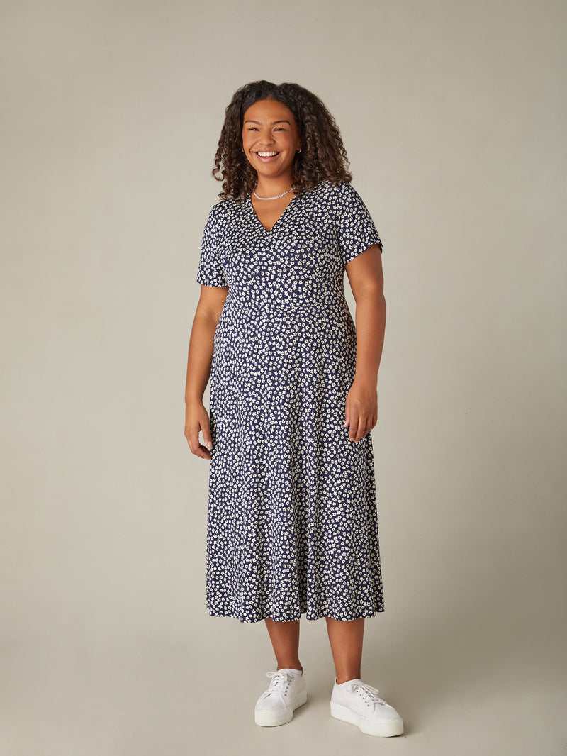Navy Ditsy Print Jersey Wrap Midi Dress