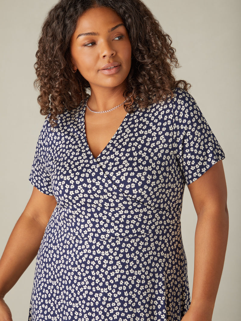 Navy Ditsy Print Jersey Wrap Midi Dress