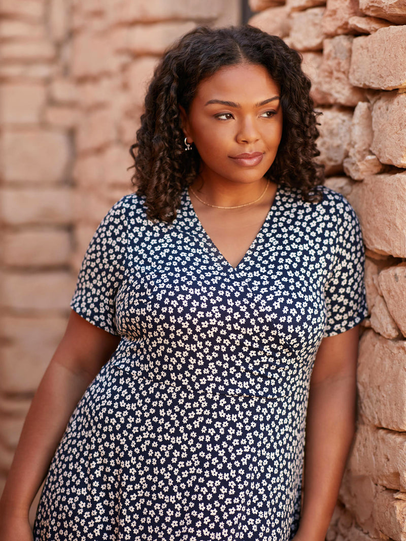 Navy Ditsy Print Jersey Wrap Midi Dress