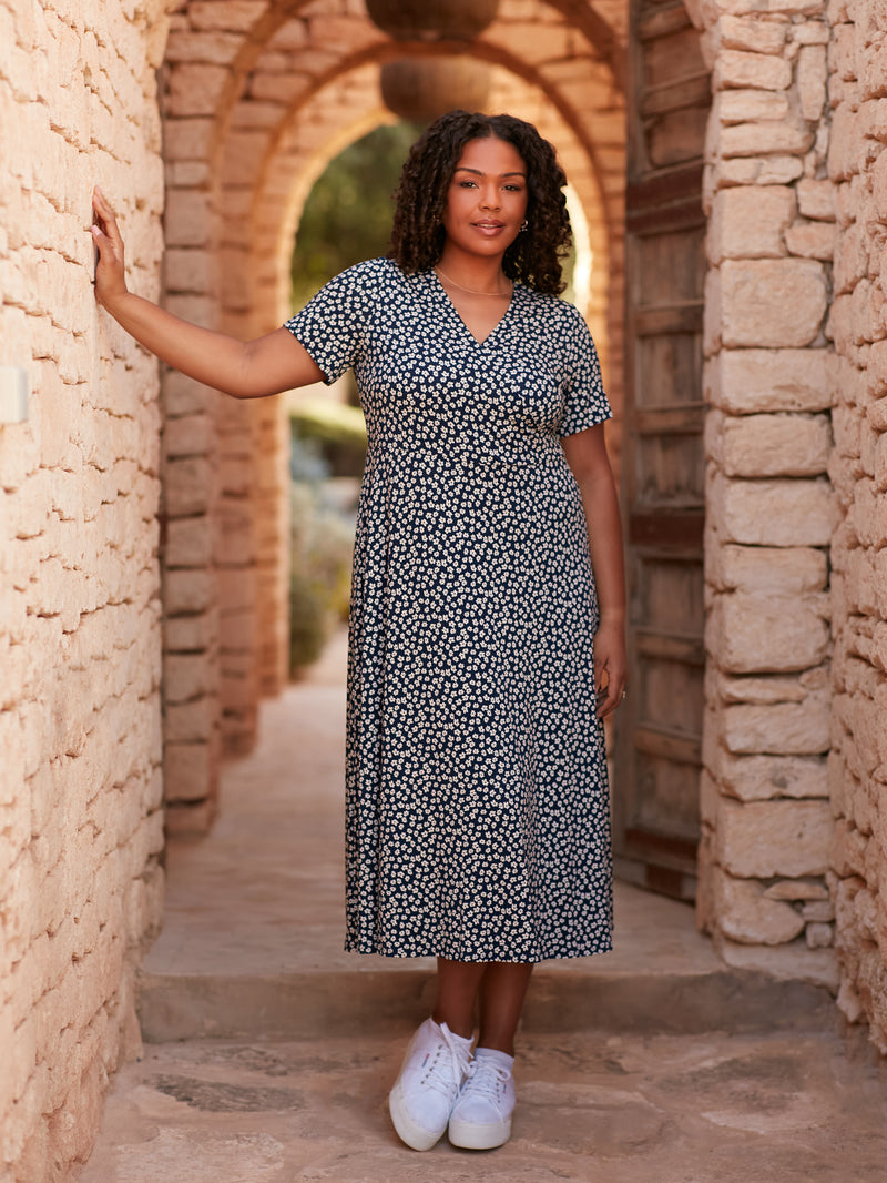 Navy Ditsy Print Jersey Wrap Midi Dress