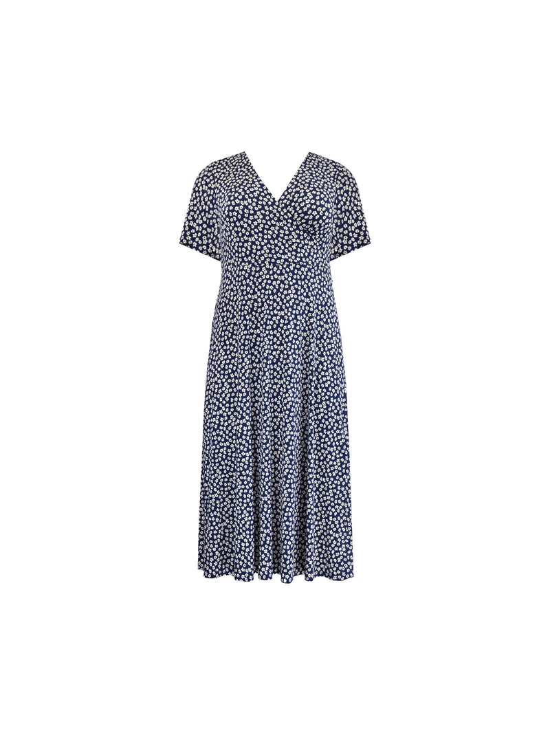Petite Navy Ditsy Print Jersey Wrap Midi Dress