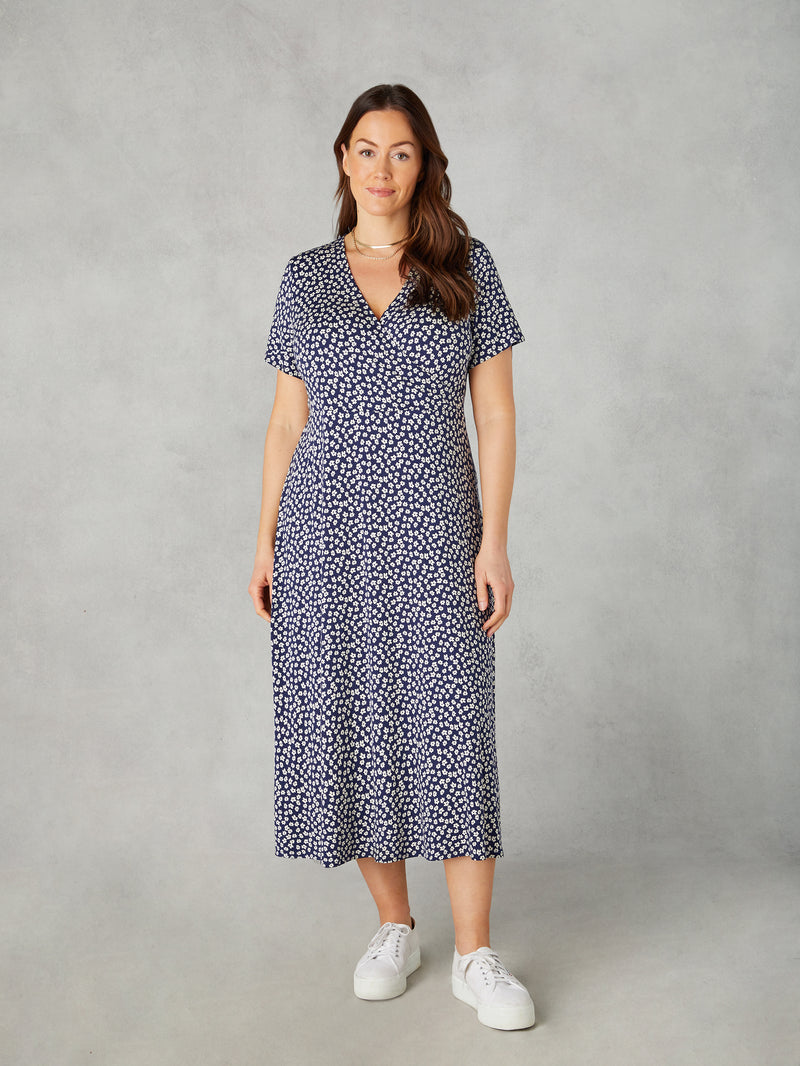 Petite Navy Ditsy Print Jersey Wrap Midi Dress