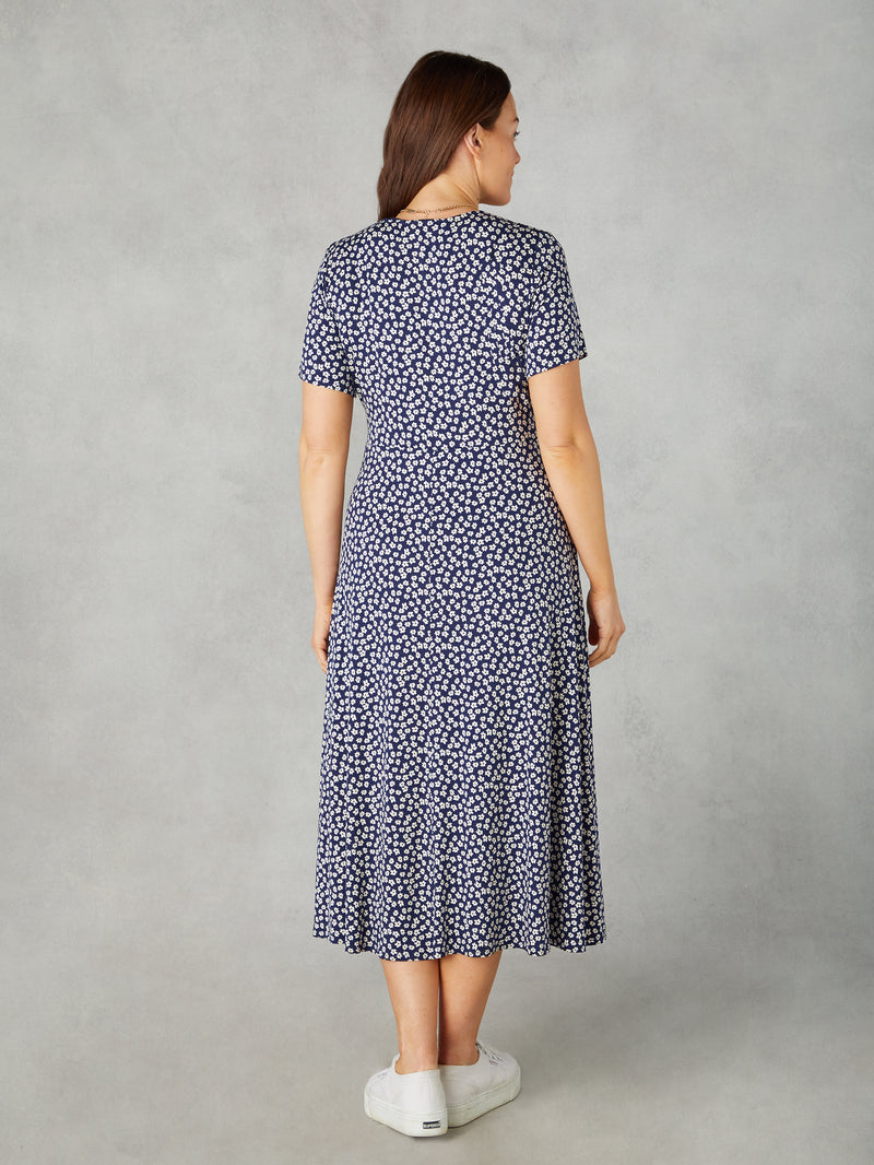 Petite Navy Ditsy Print Jersey Wrap Midi Dress