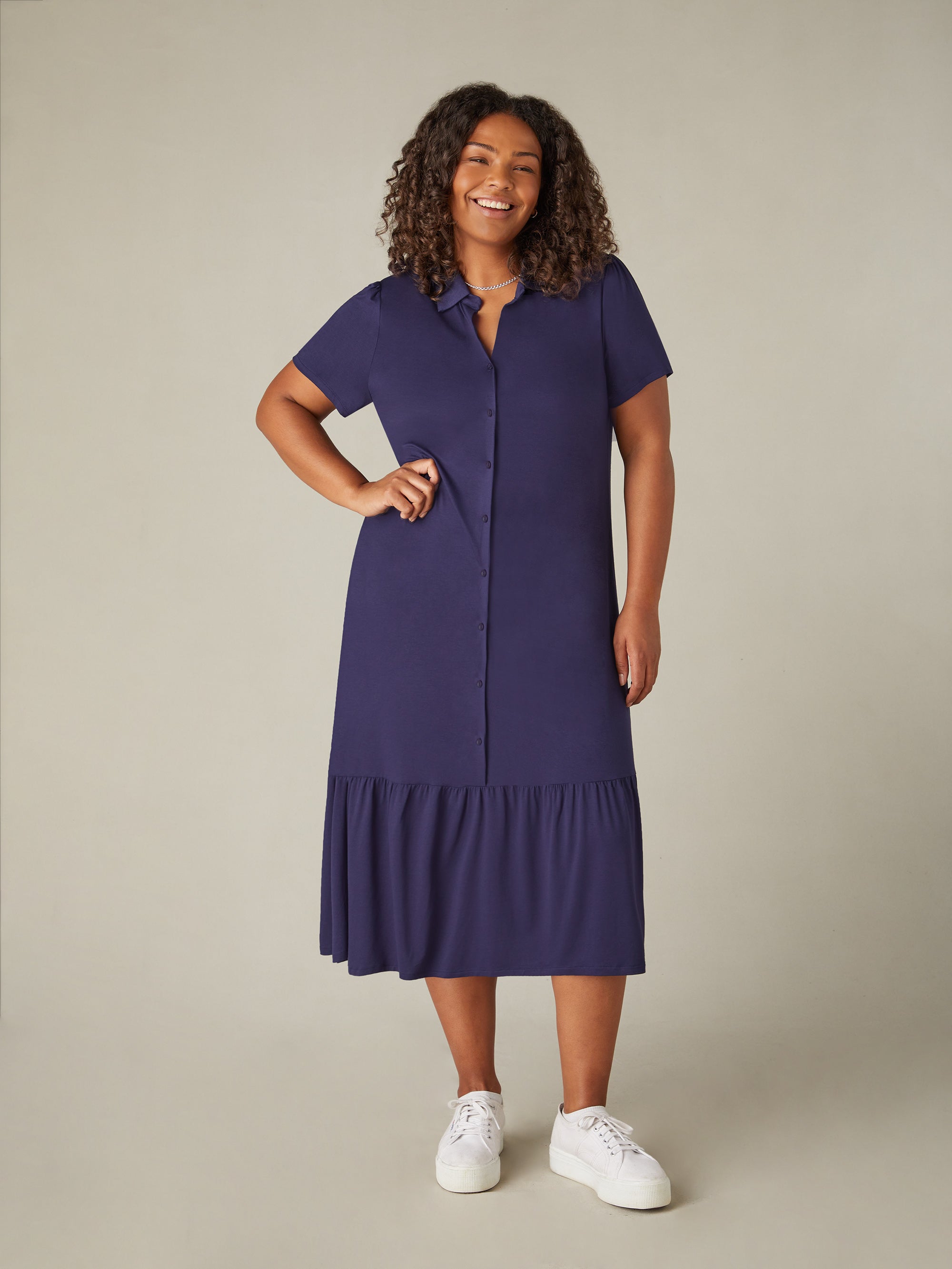 Navy Jersey Tiered Midi Shirt Dress