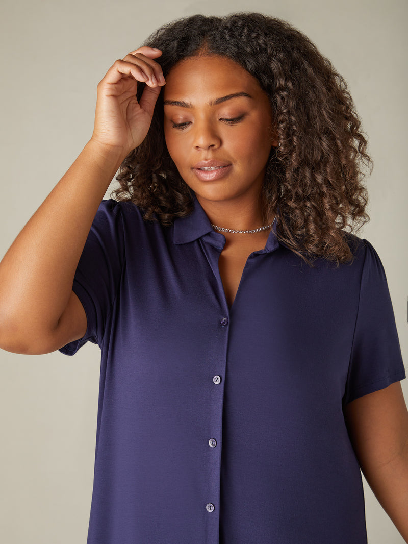 Navy Jersey Tiered Midi Shirt Dress