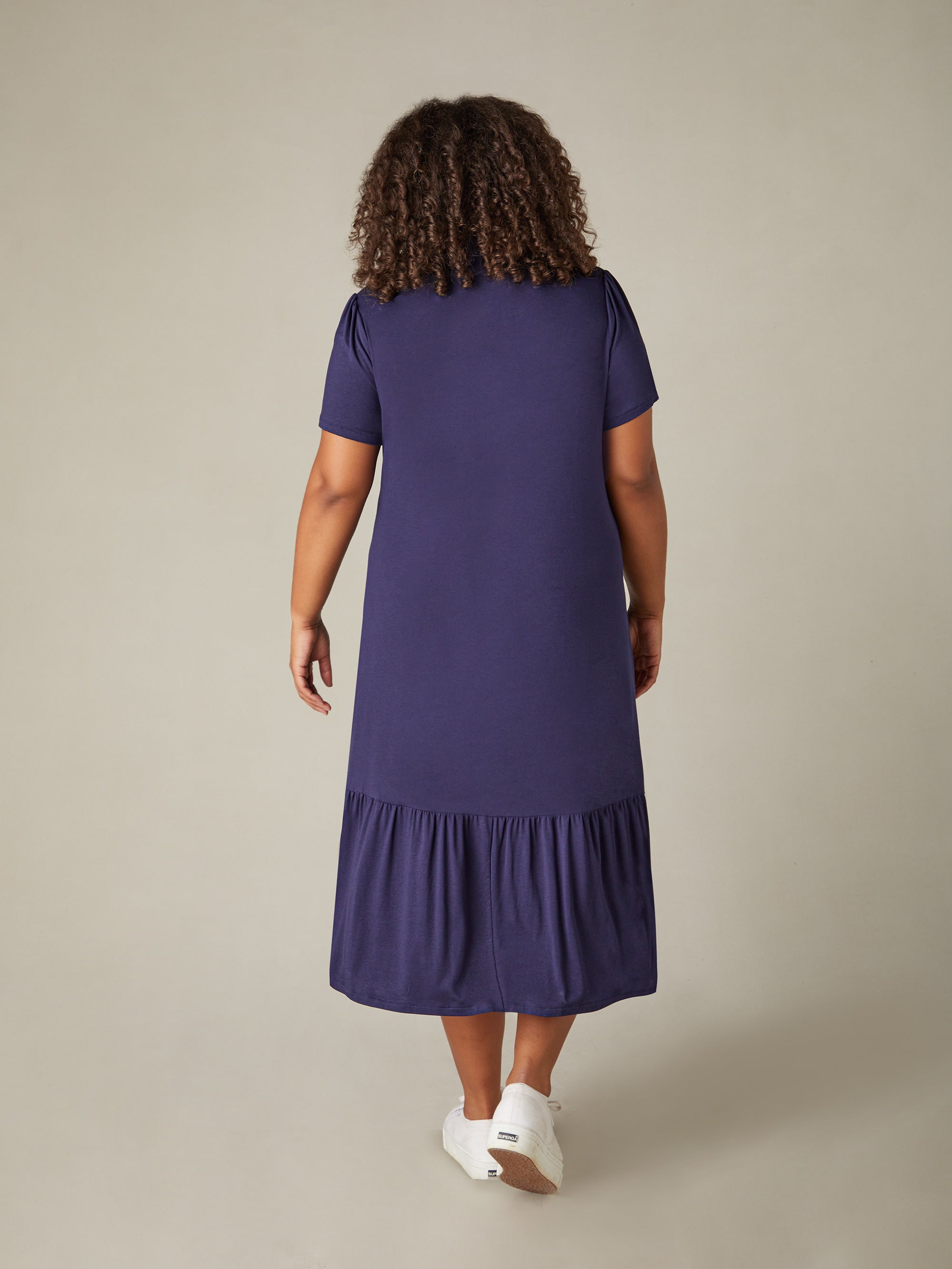 Navy Jersey Tiered Midi Shirt Dress