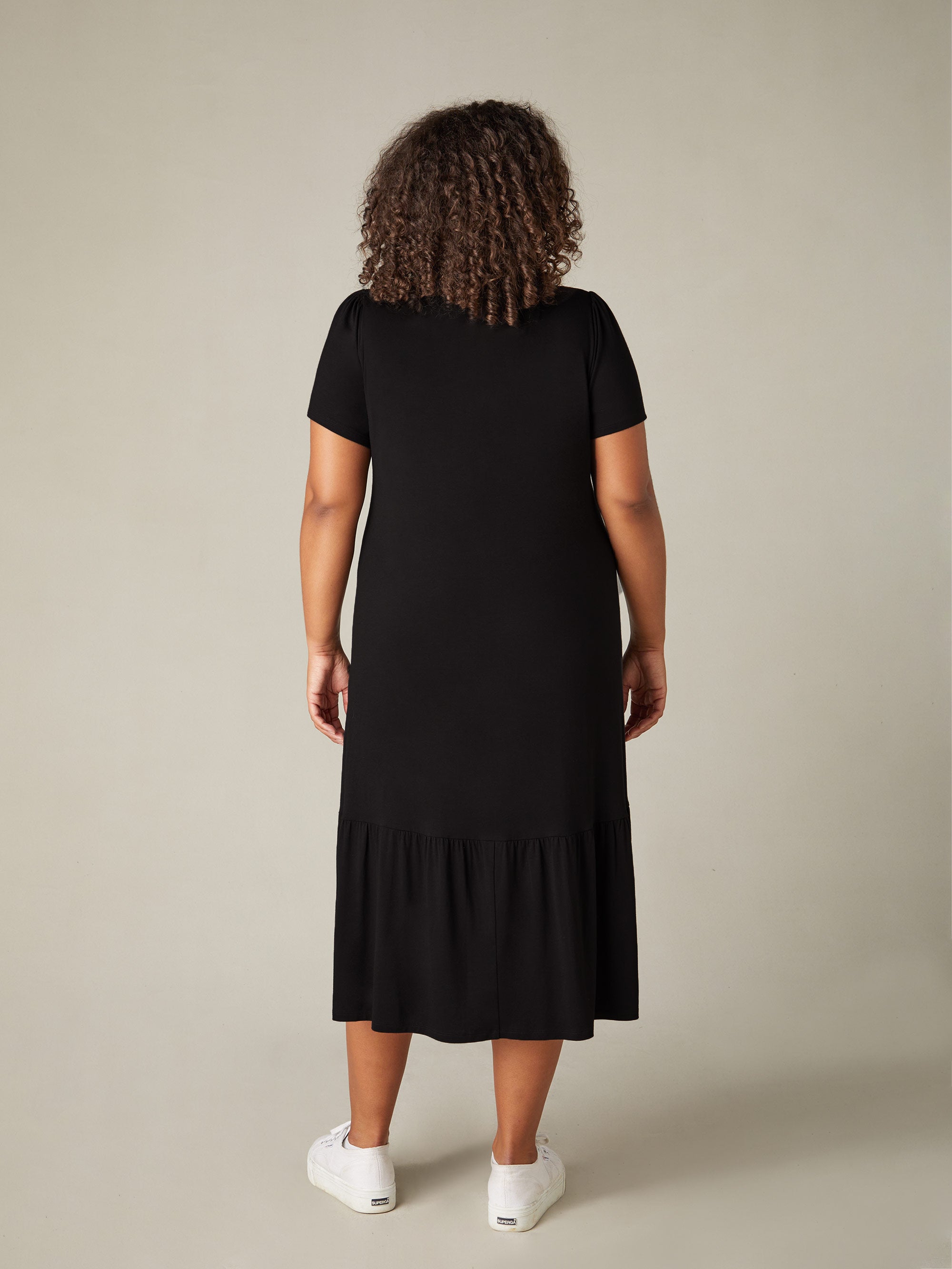 Black Jersey Tiered Midi Shirt Dress Black Jersey Tiered Midi Shirt Dress
