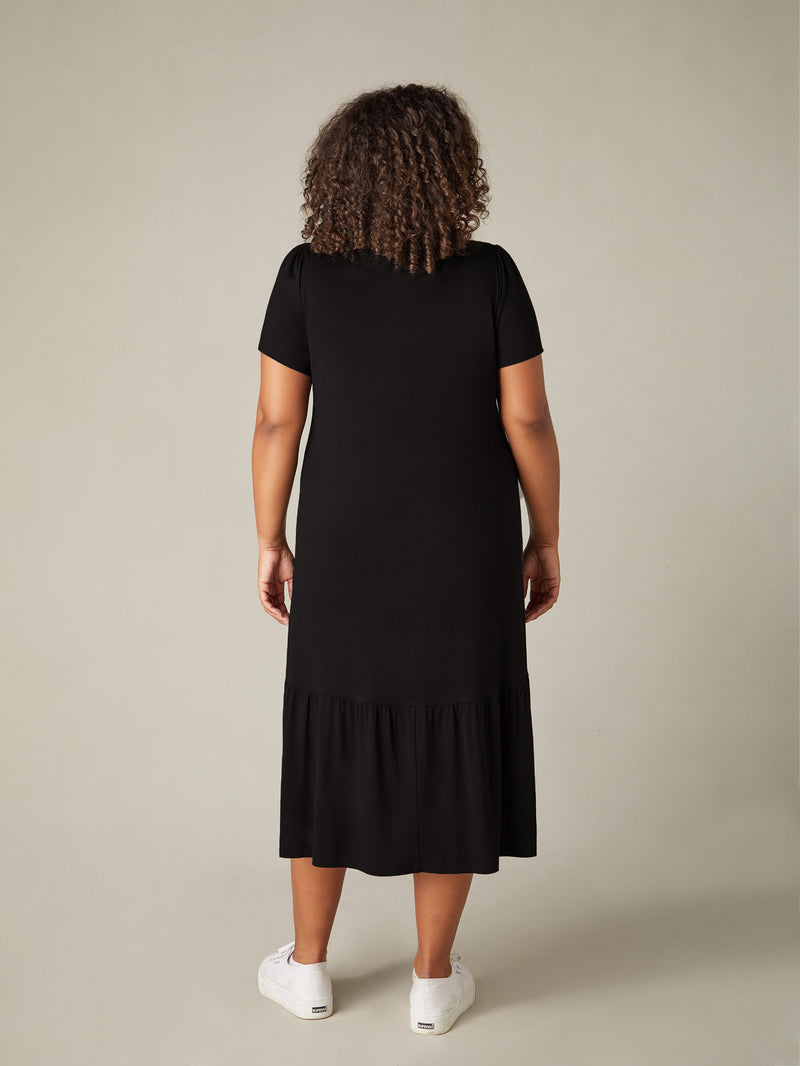 Black Jersey Tiered Midi Shirt Dress