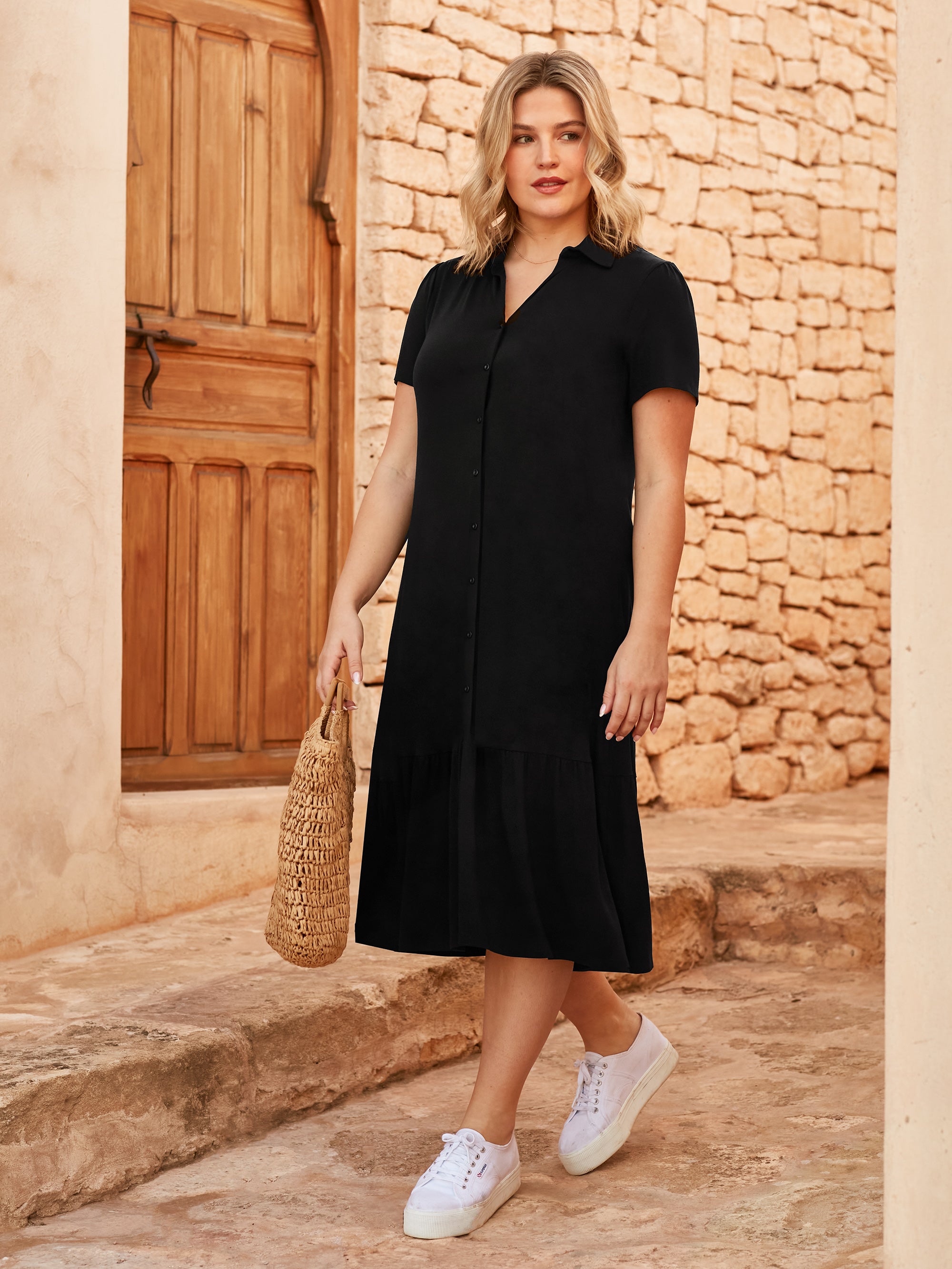 Black Jersey Tiered Midi Shirt Dress