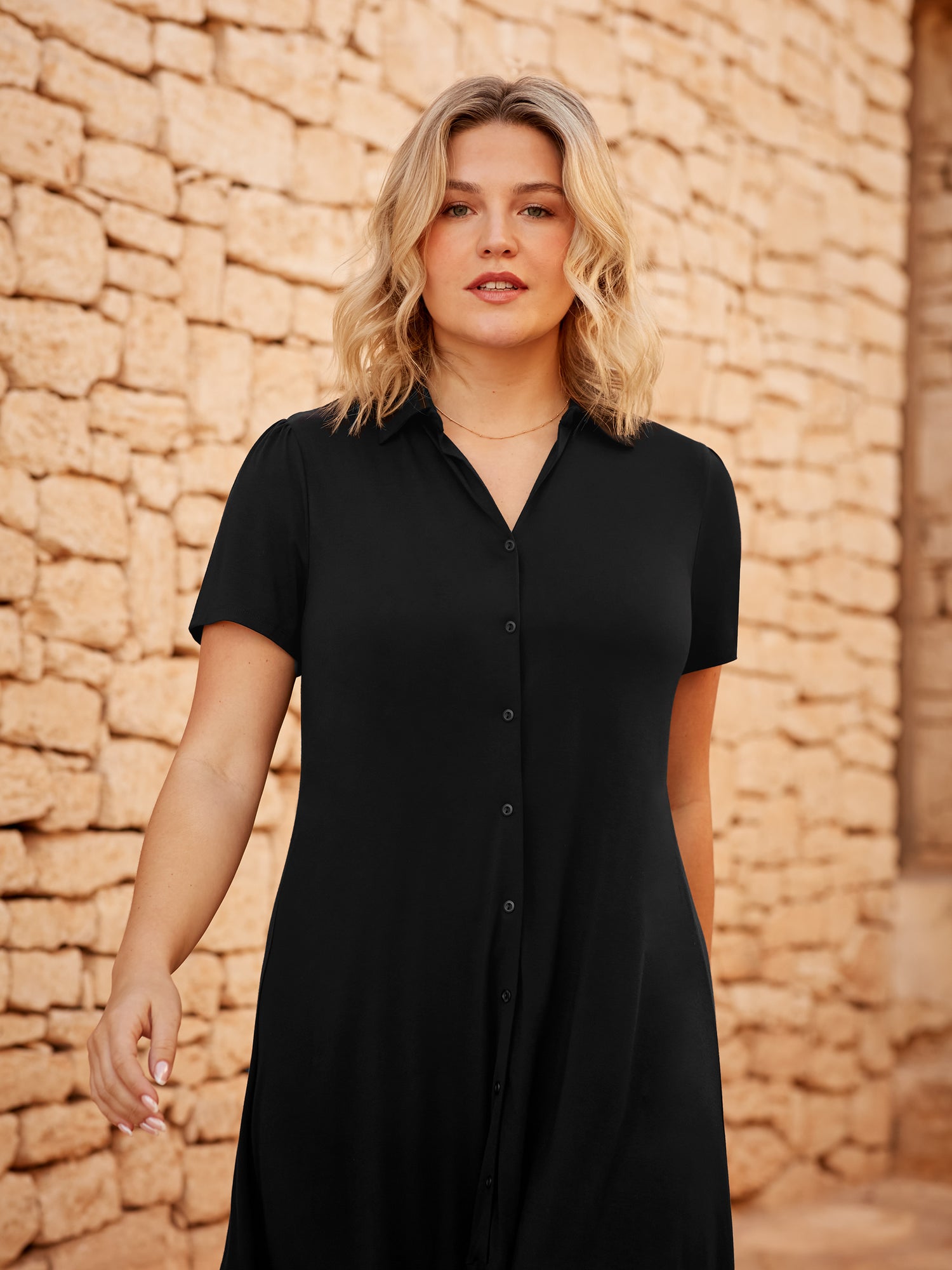 Black Jersey Tiered Midi Shirt Dress
