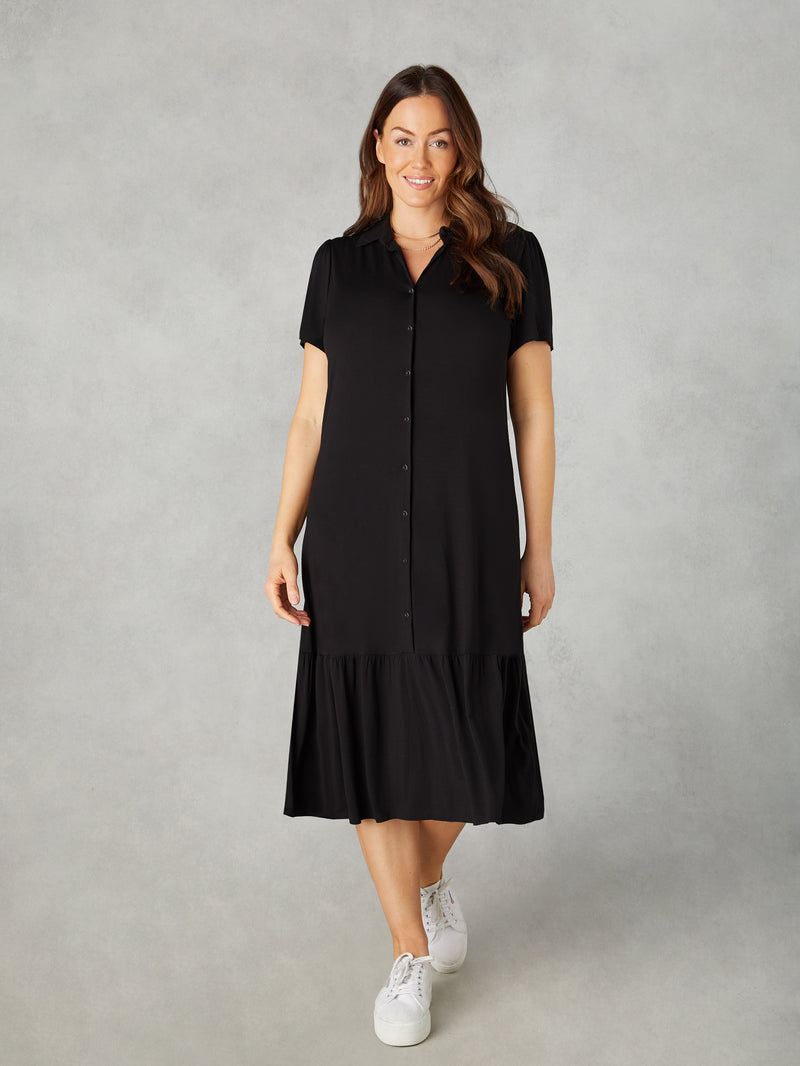 Petite Black Jersey Tiered Midi Shirt Dress