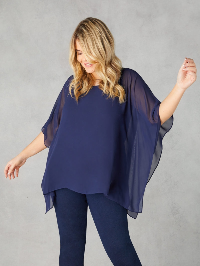 Navy Chiffon Overlay Hanky Hem Top