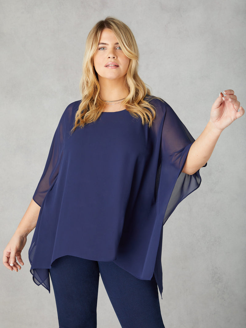 Navy Chiffon Overlay Hanky Hem Top