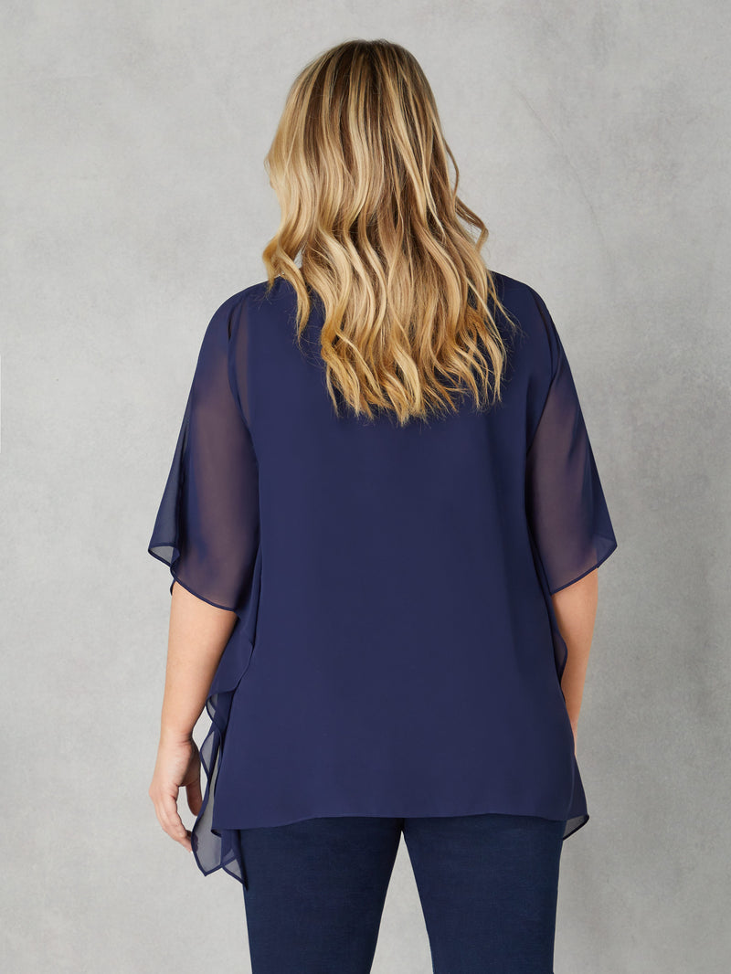 Navy Chiffon Overlay Hanky Hem Top