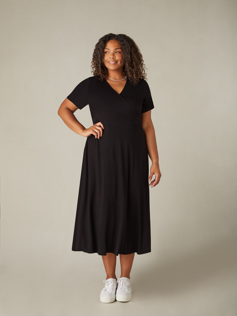 Black Jersey Wrap Midi Dress