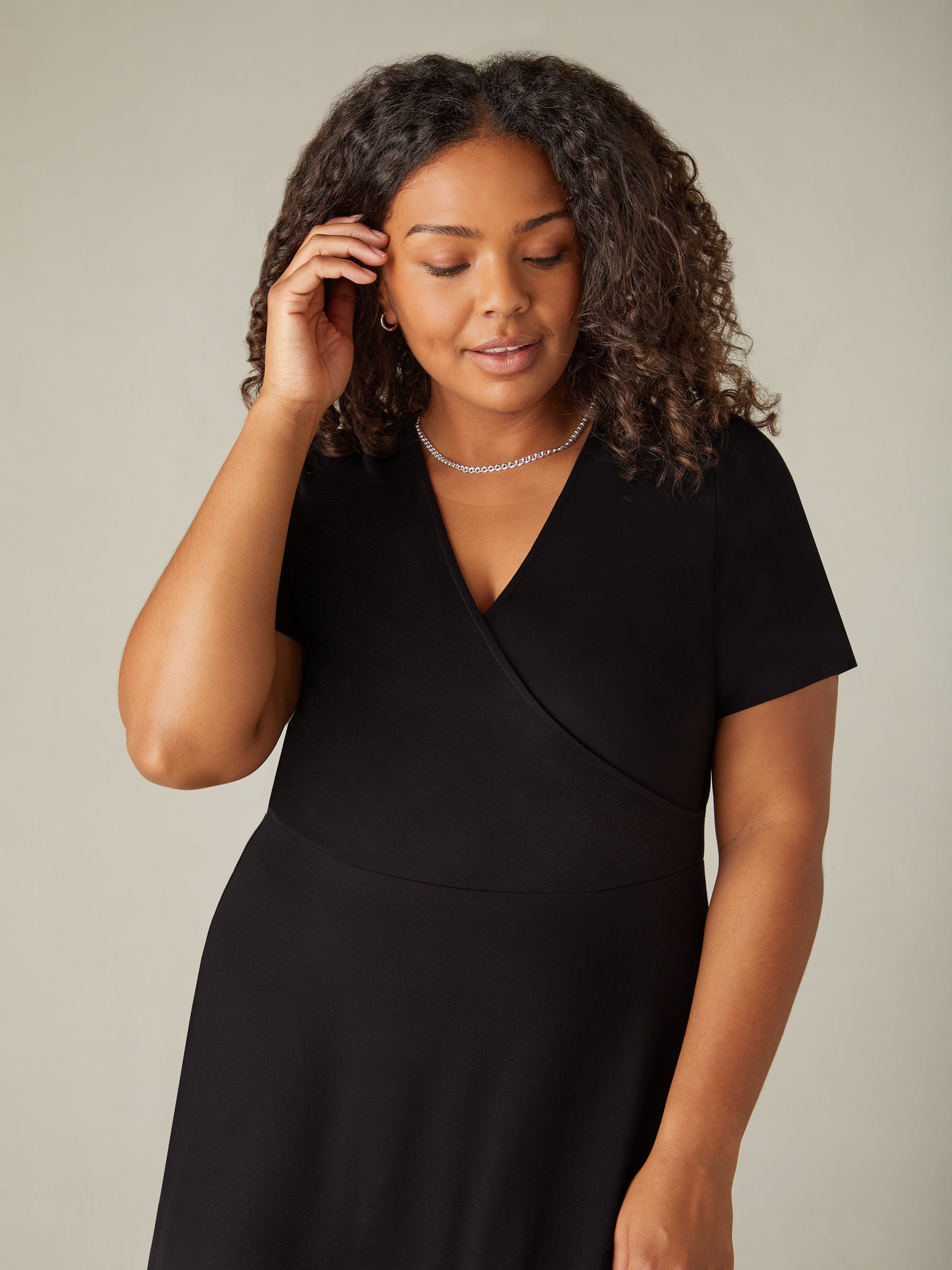 Black Jersey Wrap Midi Dress