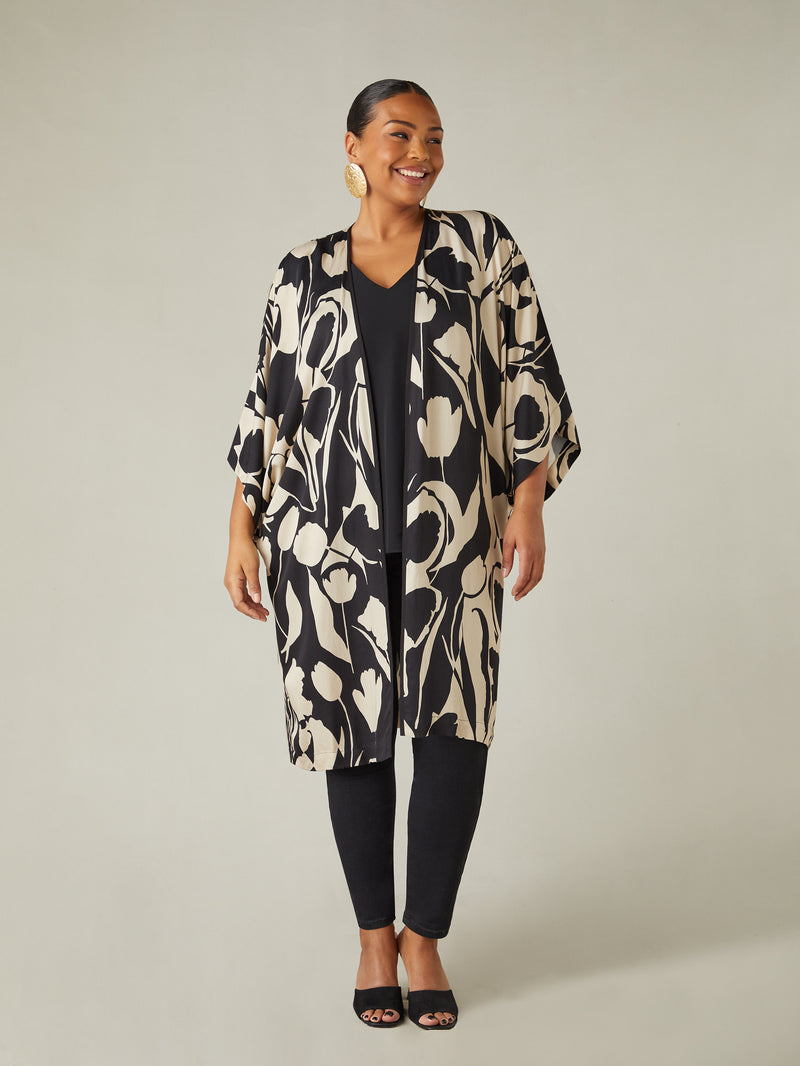 Mono Floral Print Kimono