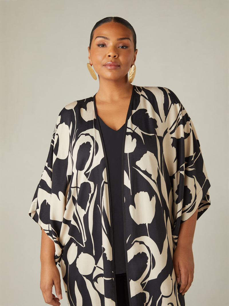 Mono Floral Print Kimono