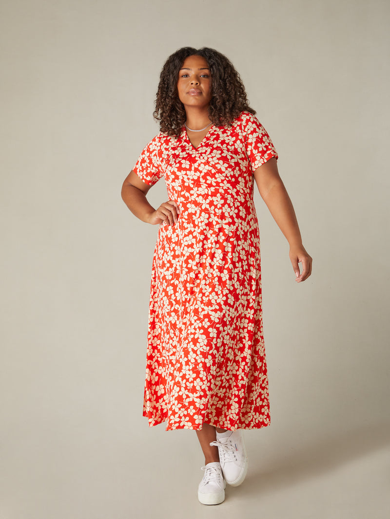 Red Ditsy Print Jersey Wrap Midi Dress