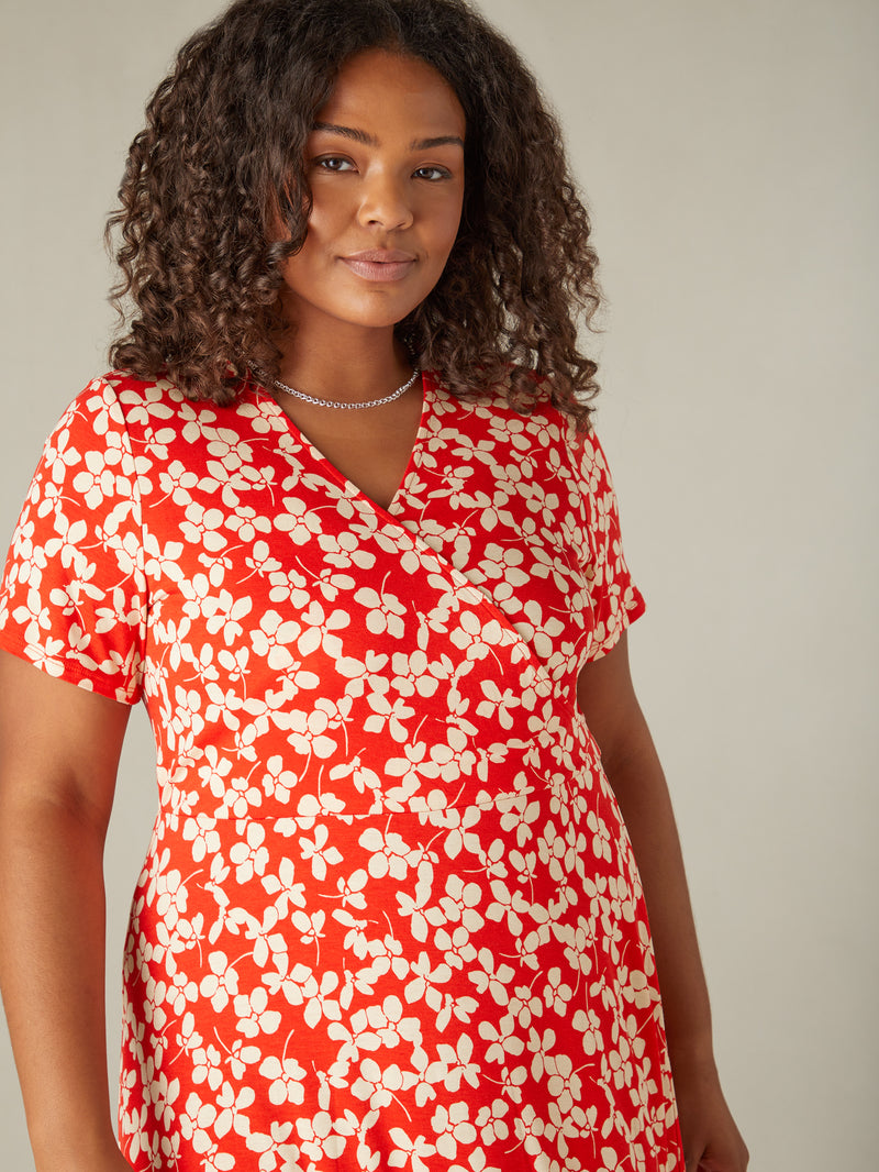 Red Ditsy Print Jersey Wrap Midi Dress