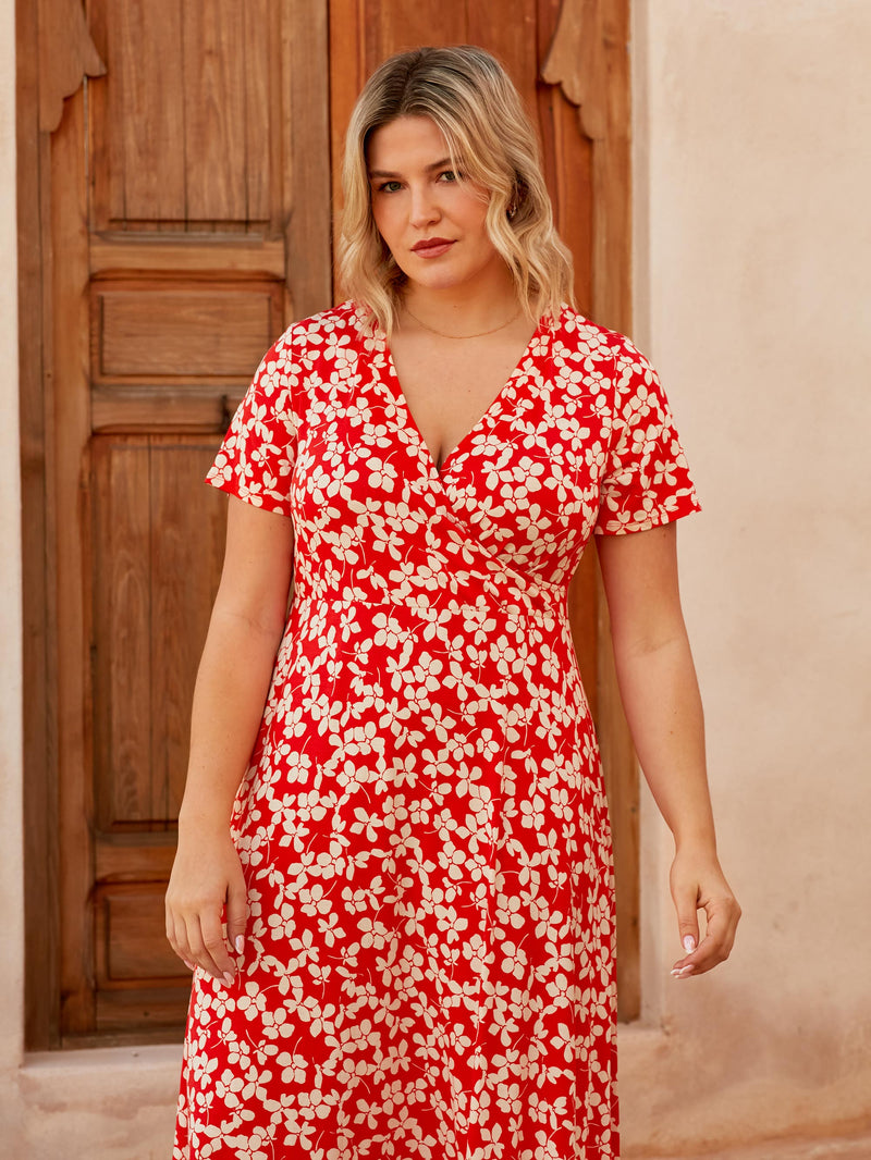 Red Ditsy Print Jersey Wrap Midi Dress