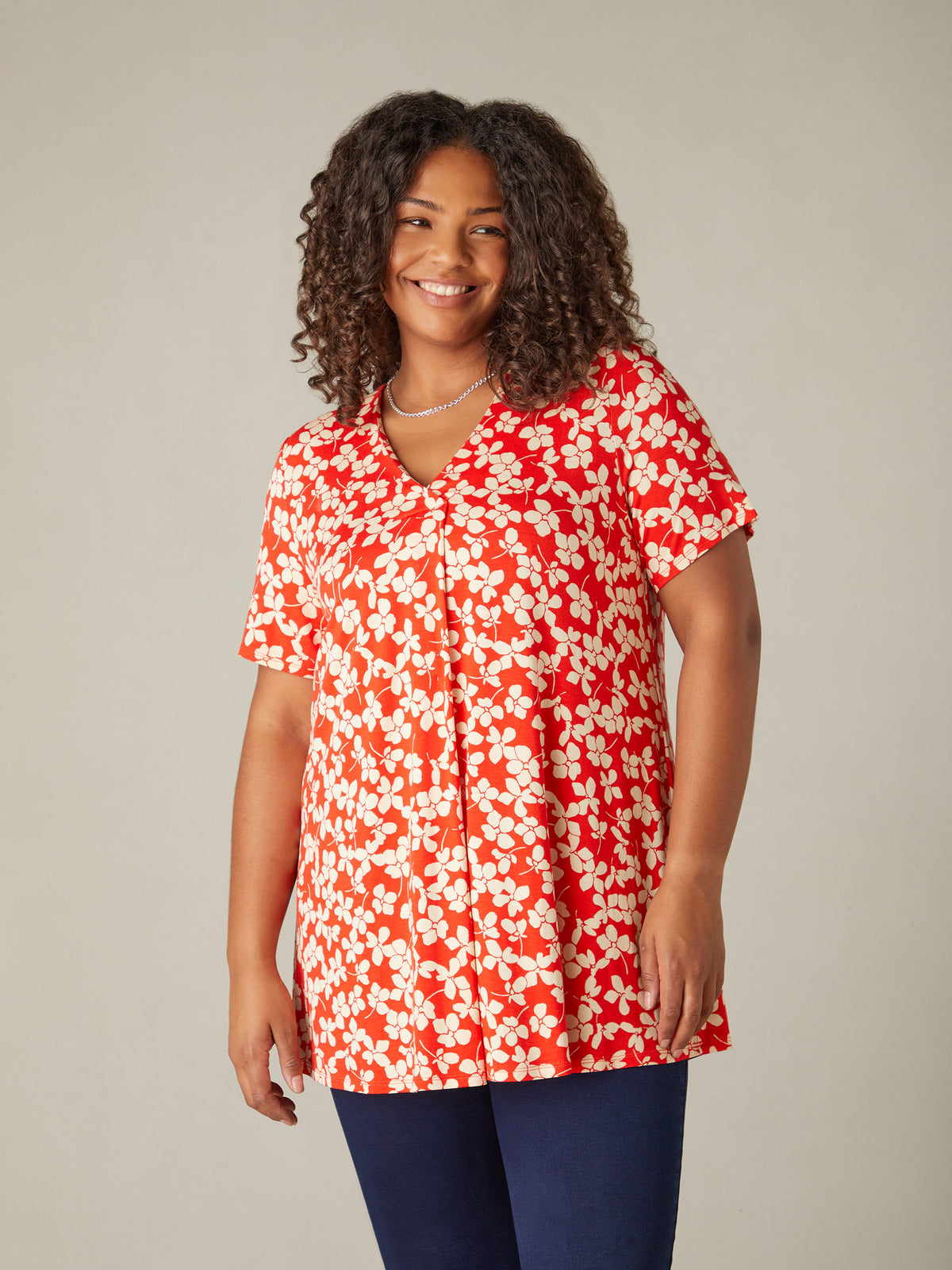 Red Ditsy Print Jersey Pleat Front Top