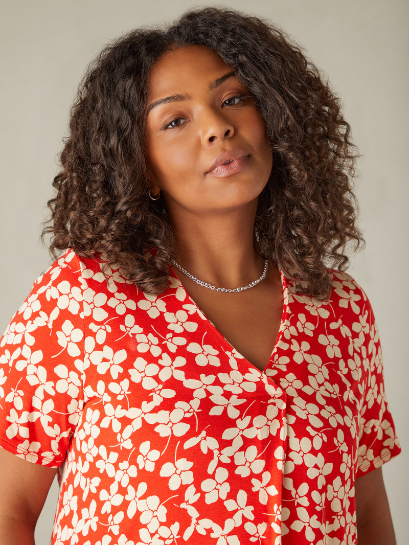 Red Ditsy Print Jersey Pleat Front Top