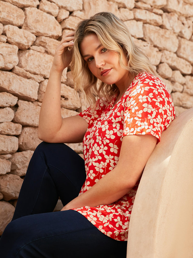 Red Ditsy Print Jersey Pleat Front Top