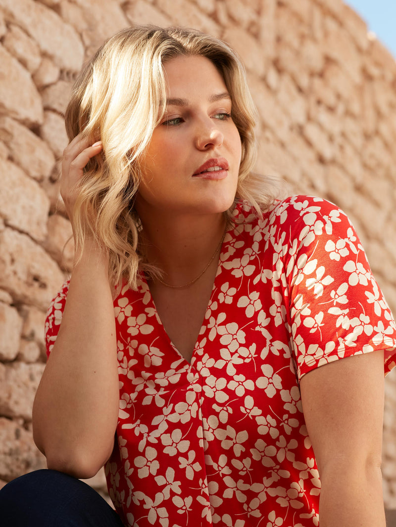 Red Ditsy Print Jersey Pleat Front Top