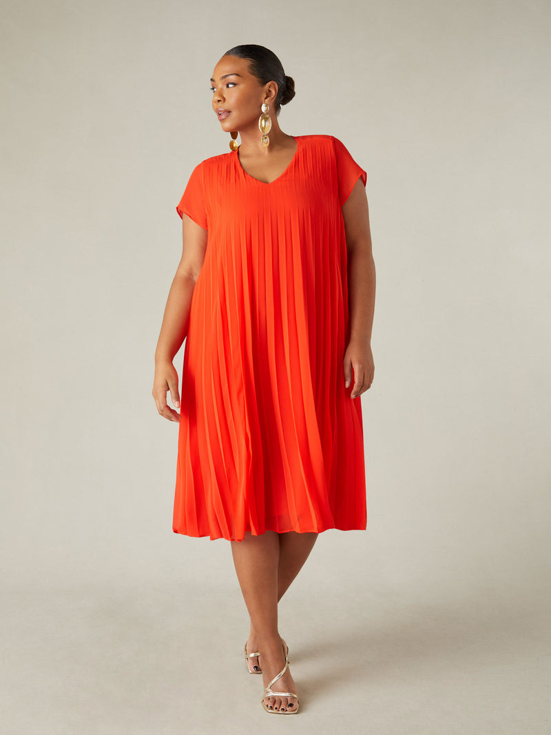 Red Chiffon Pleated Midi Dress
