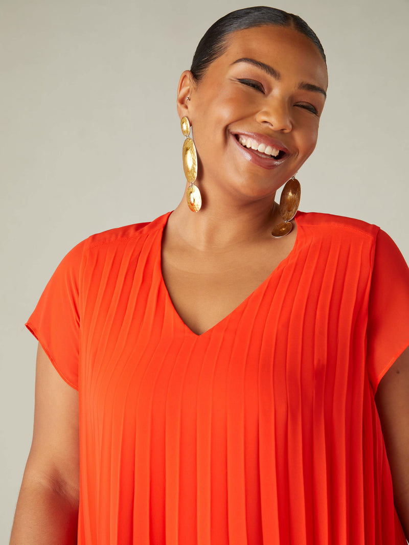 Red Chiffon Pleated Midi Dress