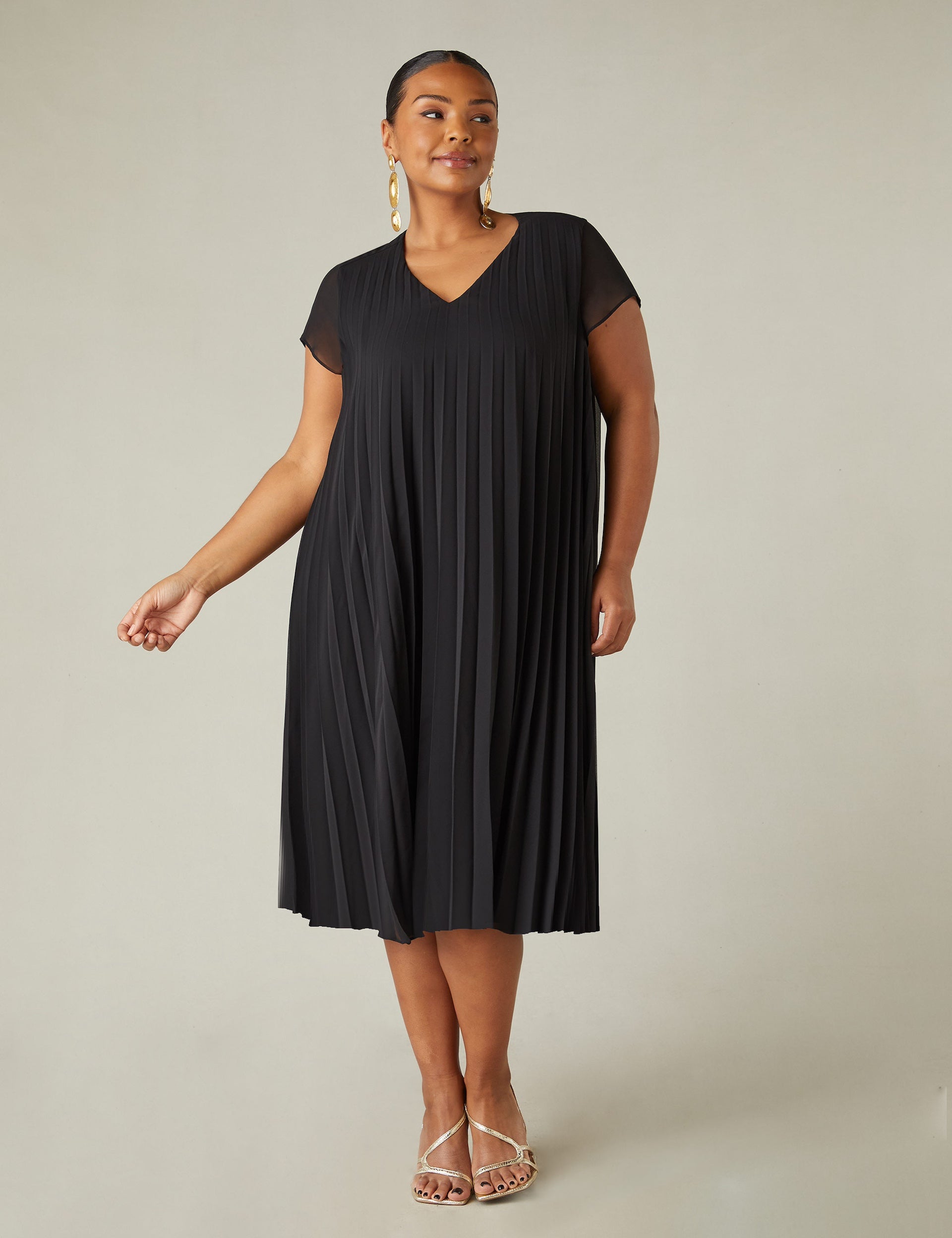 Black Chiffon Pleated Midi Dress