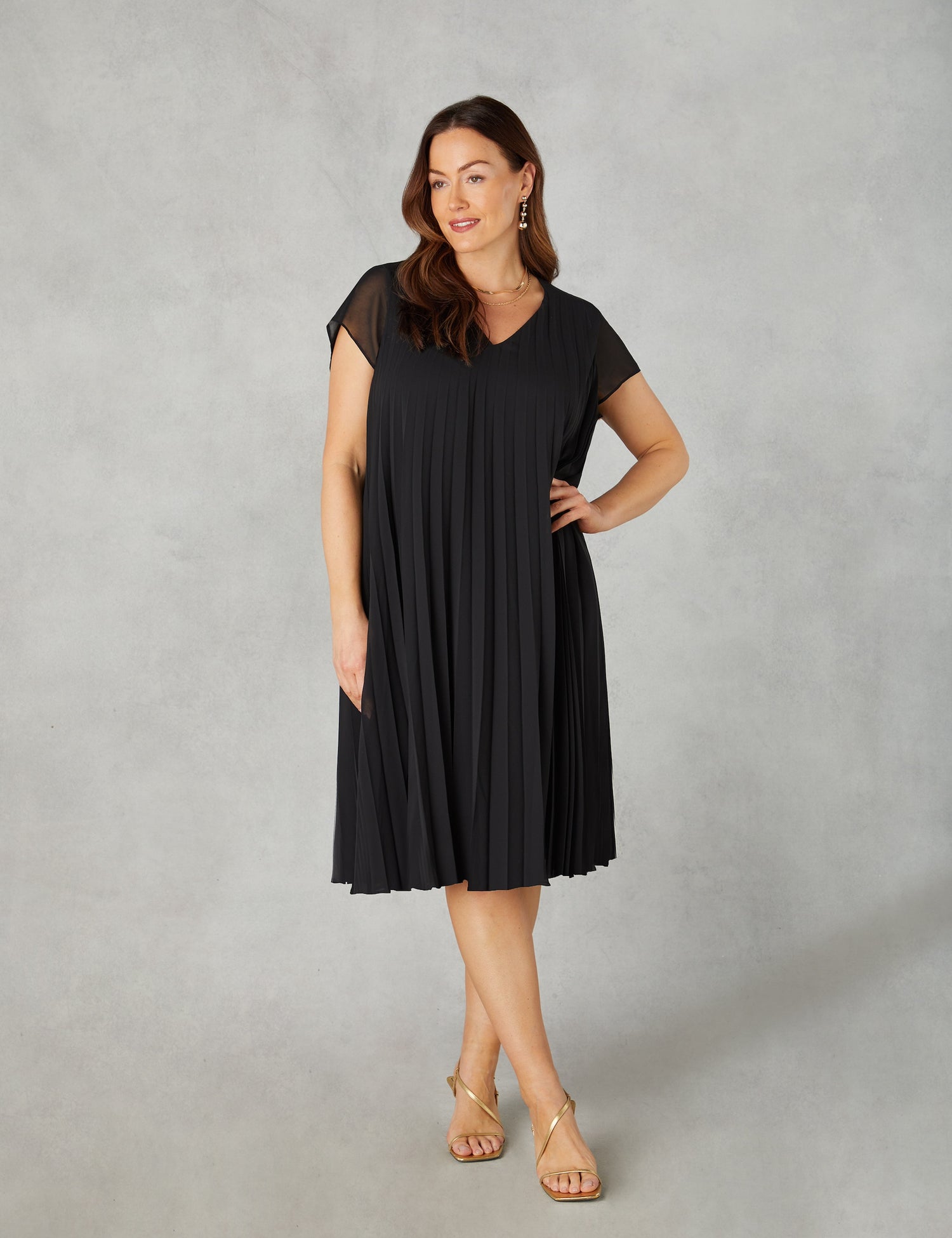 Petite Black Chiffon Pleated Midi Dress