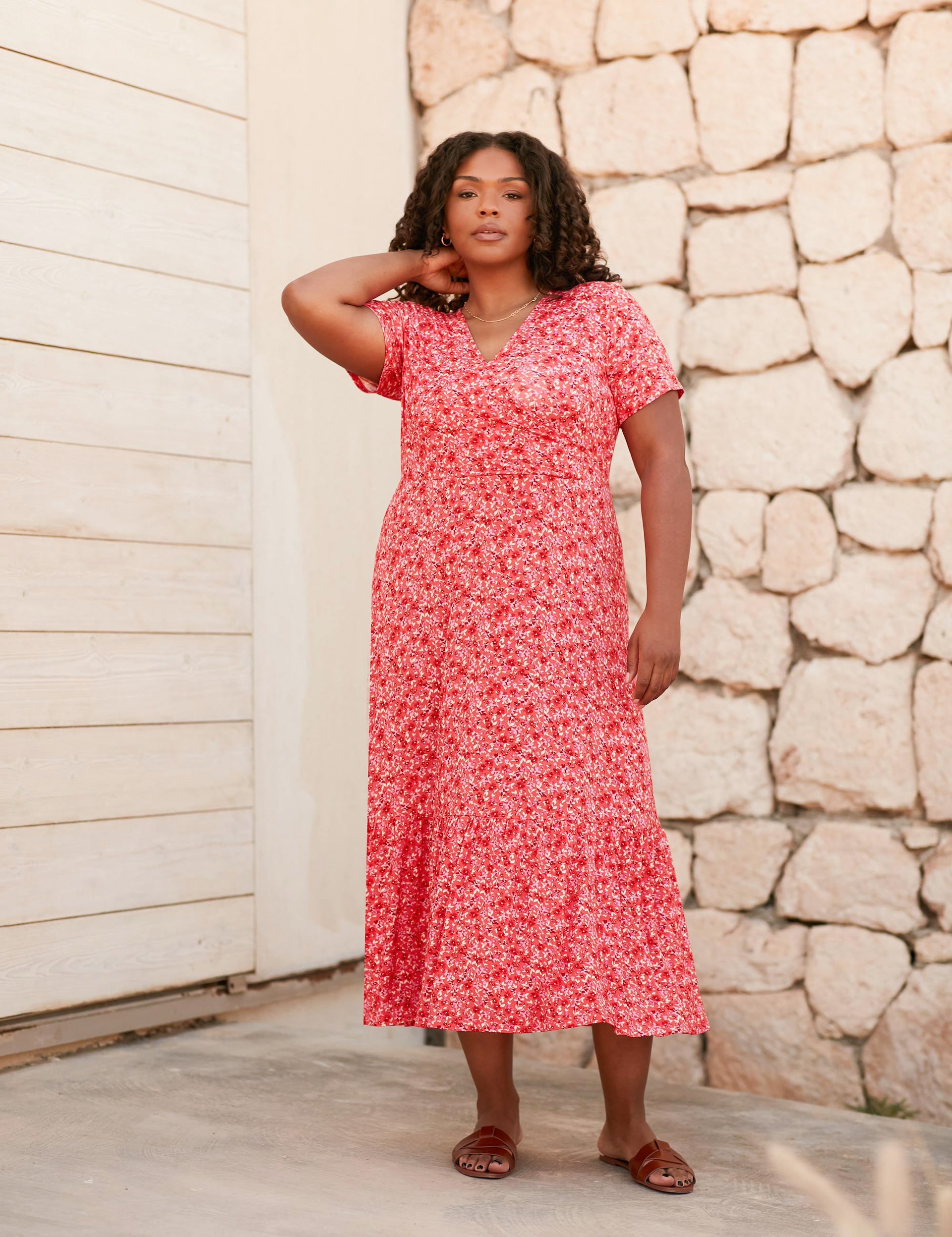 Pink Ditsy Print Jersey Wrap Dress