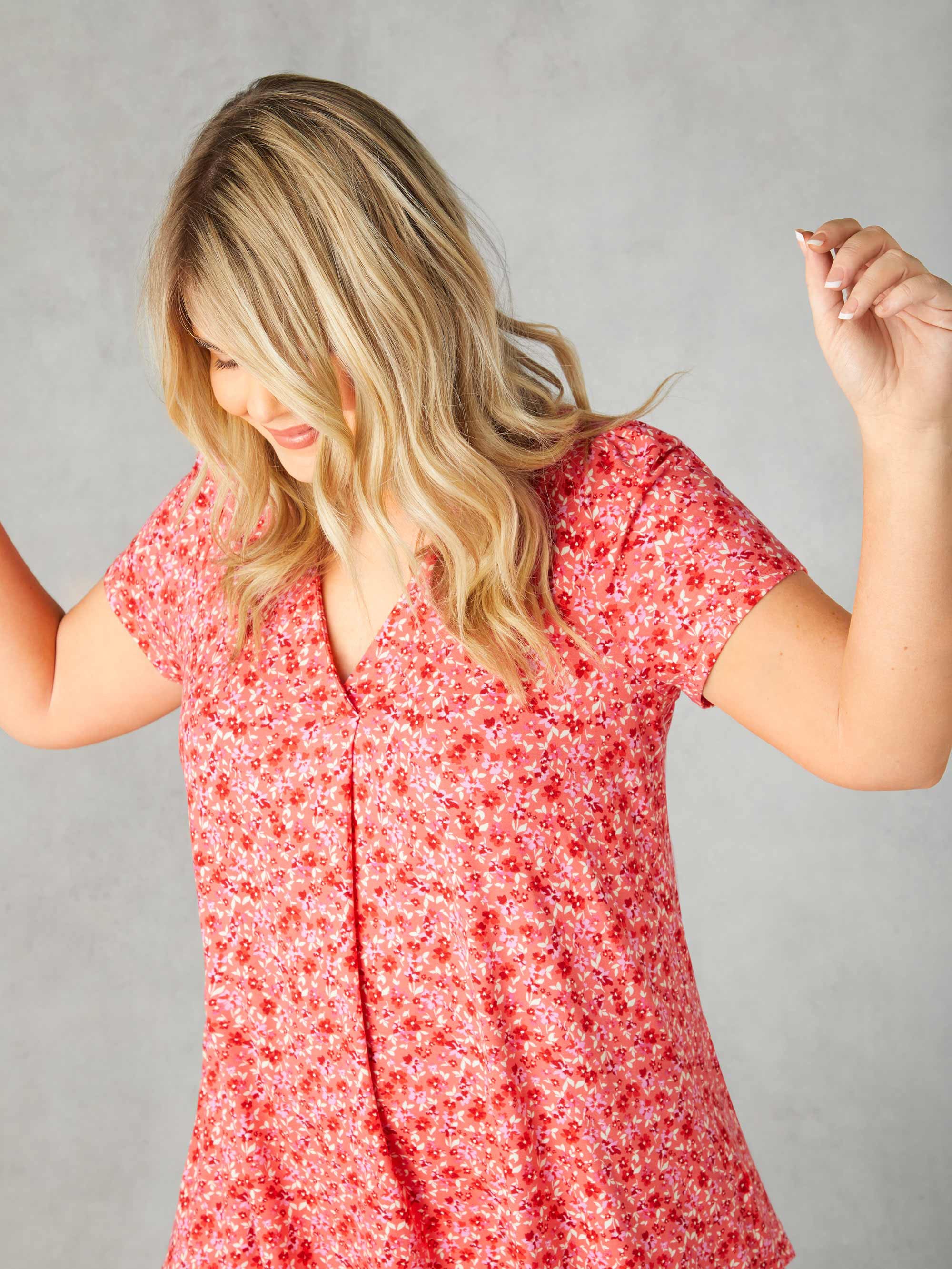 Pink Ditsy Print Jersey Pleat Front Top
