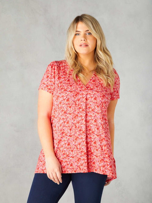 Pink Ditsy Print Jersey Pleat Front Top