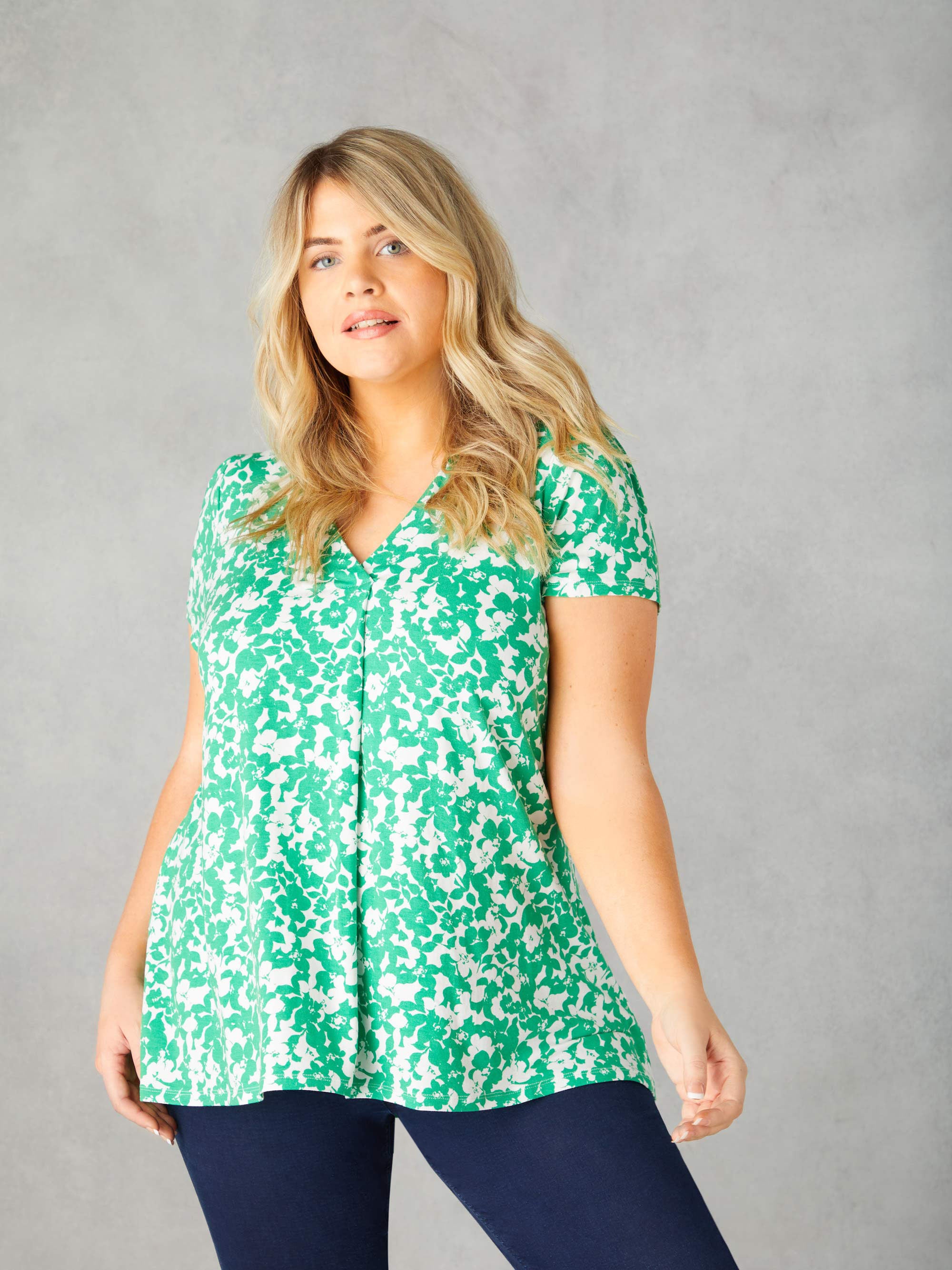 Green Floral Print Jersey Pleat Front Top