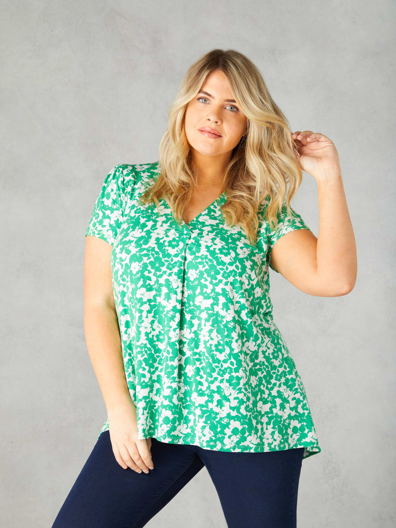 Green Floral Print Jersey Pleat Front Top