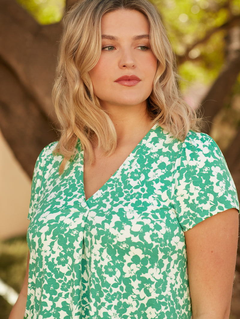 Green Floral Print Jersey Pleat Front Top