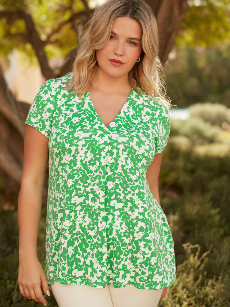 Green Floral Print Jersey Pleat Front Top