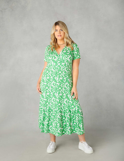 Green Floral Print Jersey Wrap Dress