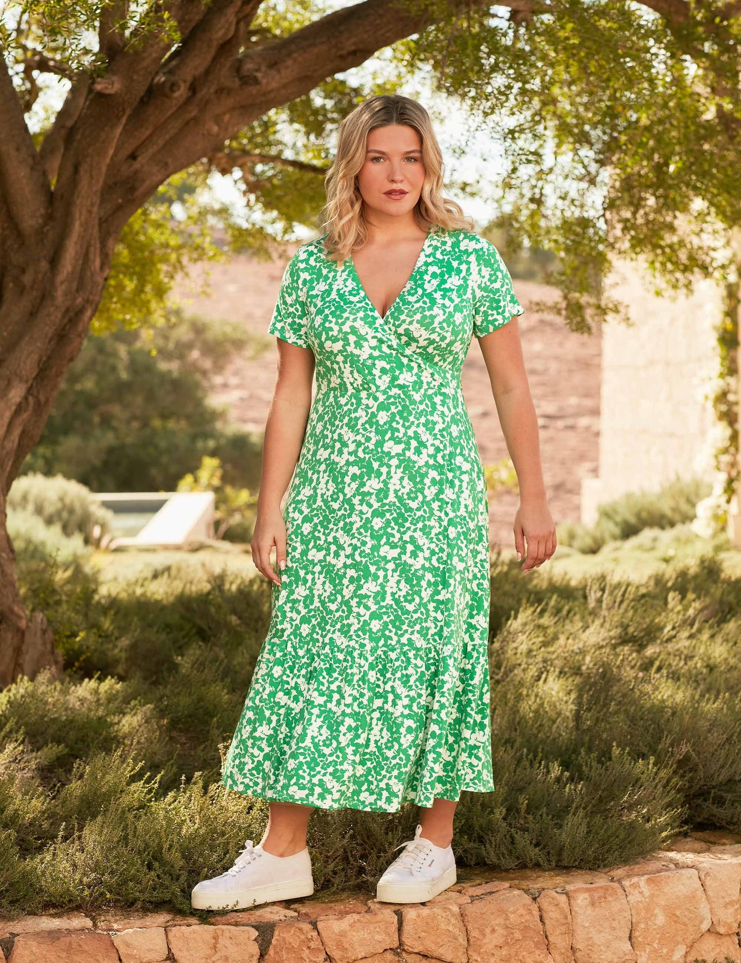 Green Floral Print Jersey Wrap Dress