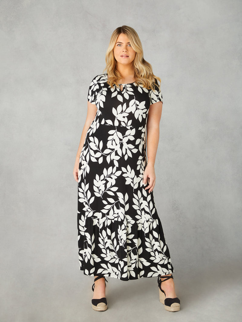 Mono Leaf Print Jersey Keyhole Maxi Dress