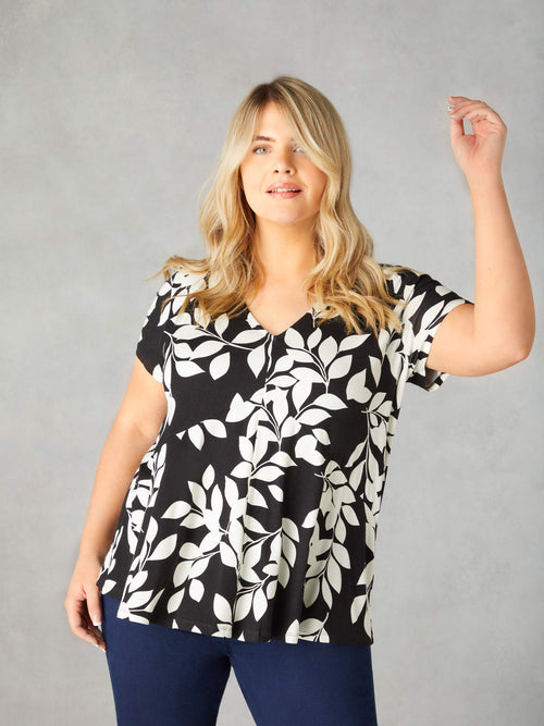 Mono Leaf Print Jersey Relaxed Top