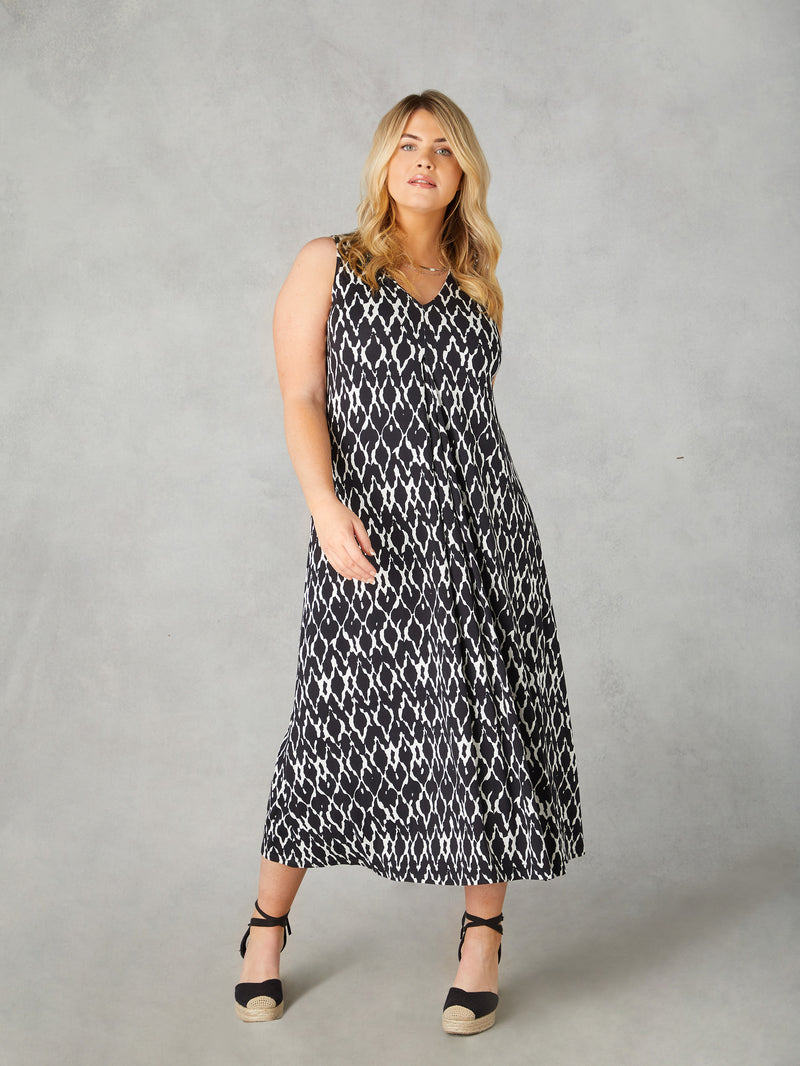 Mono Ikat Print Jersey Relaxed Midaxi Dress
